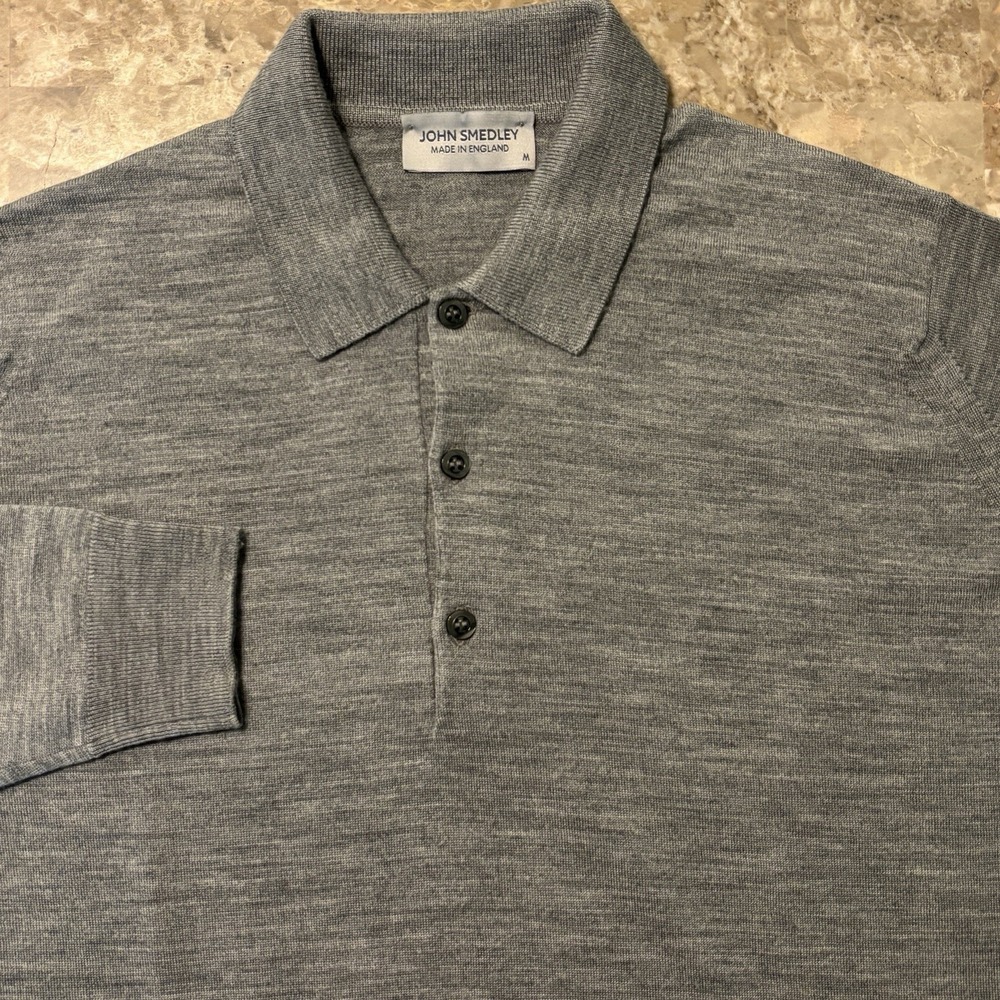 John Smedley Polo Mens Medium Grey Collared Sweater Merino Wool England
